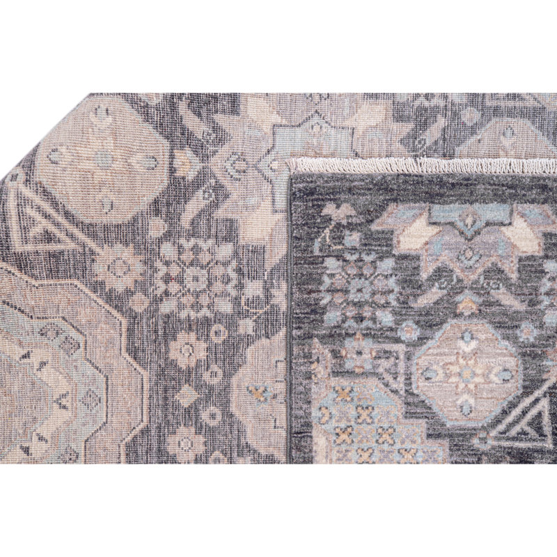 Tapis noir / gris / bleu clair / ivoire unique de 9 pi 11 po x 13 pi 8 po
