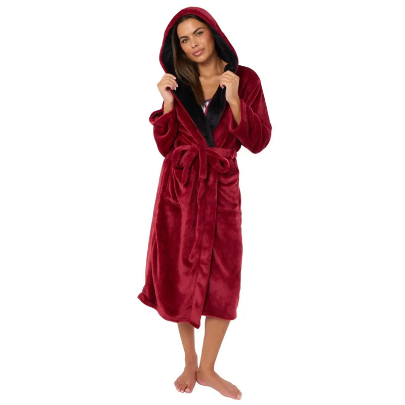 Flannel Mid-Calf Bathrobe with Pockets and Hood, Red/Black