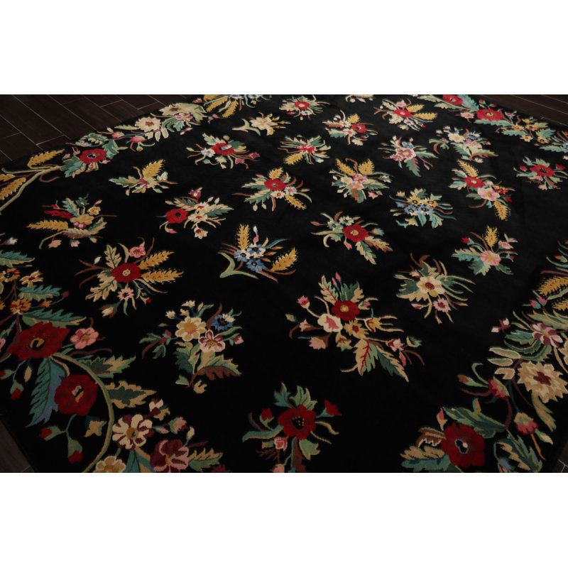 Tapis transitionnel art déco noir en laine noué à la main 8 x 10 x 8 po