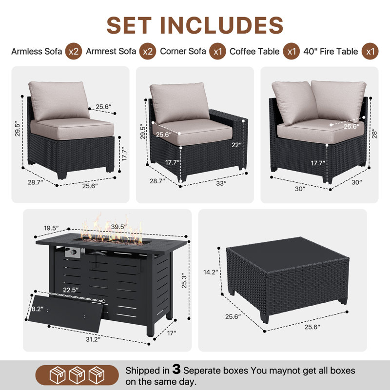 7-pieces Patio Conversation Set With Wide Armrests And Fire Pit Table,outdoor Rattan Seating Group, Gray, Black