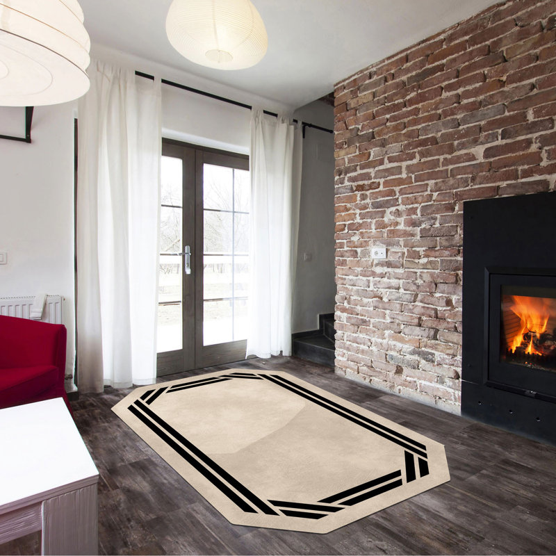 Tapis beige / beige en polyester tissé à la machine Novelty, Nouveauté 5 pi 3 po x 7 pi 7 po