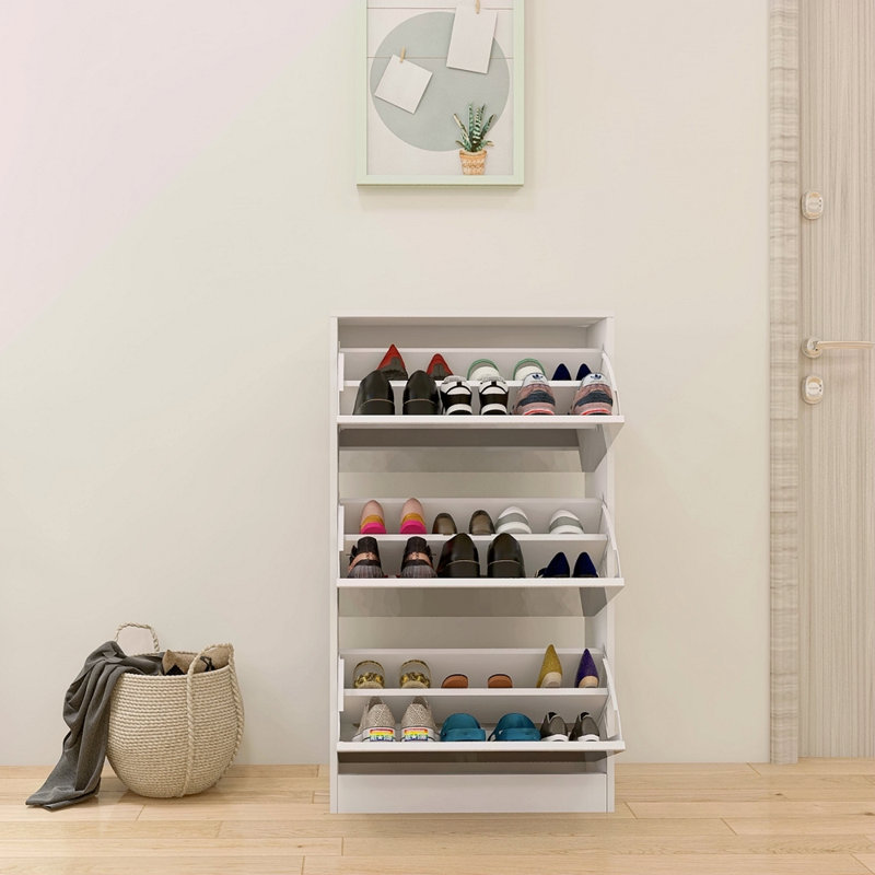 Armoire de rangement étroite pour chaussures avec miroir, étagère à chaussures mince en bois à 3 niveaux pour la maison et l'appartement