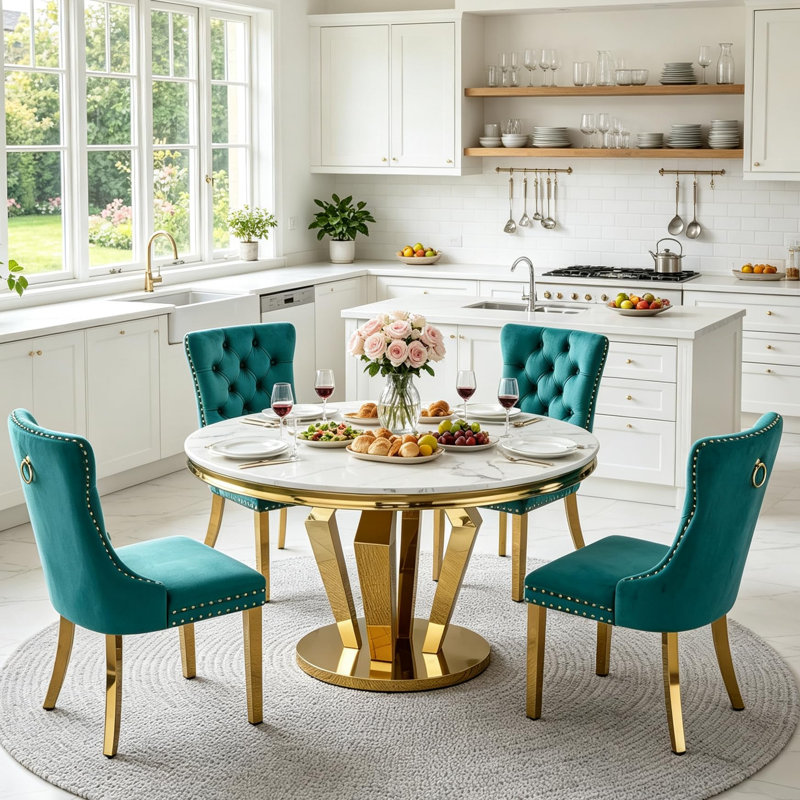 Ensemble de salle à manger ronde de luxe pour 4 personnes, table de cuisine 5 pièces en faux marbre et chaises rembourrées en velours, piètement en diamant doré