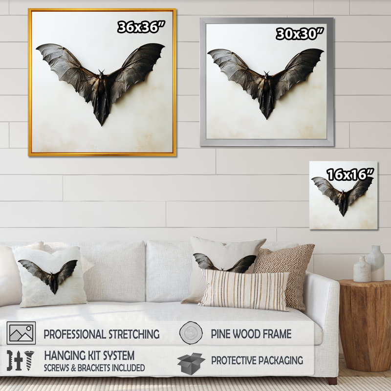 Chauve-souris mystique blanche et noire, Cadre flottant blanc, H 36 po x l 36 po