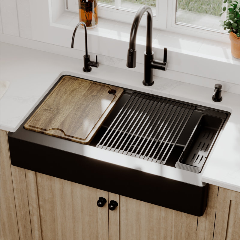 Ensemble d'évier de cuisine à cuve simple à tablier frontal noir 34 po Karran, Noir mat