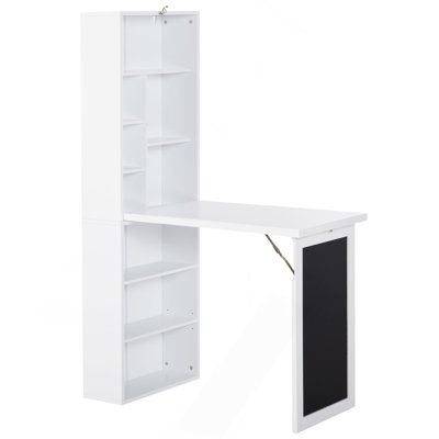 Fold-Out Convertible Writing Table Wall Mount Desk Cabinet With Blackboard And Side Shelf Multi-Function Home Office Workstation, White