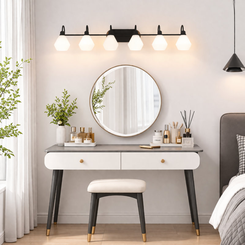 6-Light Dimmable Vanity Light with Geometric Frosted Glass Shades for Bathroom, Black