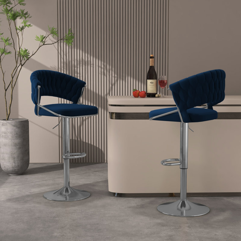Christal Height Adjustable Swivel Bar Stool, Navy Blue, Silver