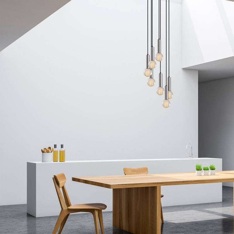 Lustre scandinave élégant, finition argentée, 15,7 po x 15,7 po x 53,5 po | Corps en métal, hauteur réglable, 40 W maximum, 7 x douilles E27 | Parfait pour les salons modernes, les salles à manger et les vestibules