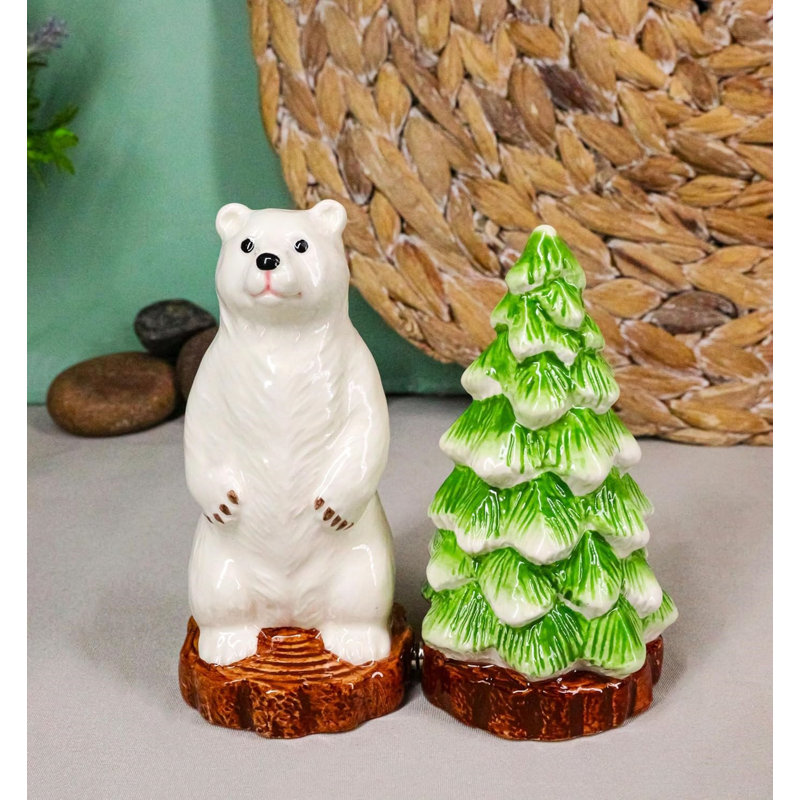 Arctic Wild Snow Polar Bear And Pine Tree Ceramic Salt And Pepper Shakers Set
