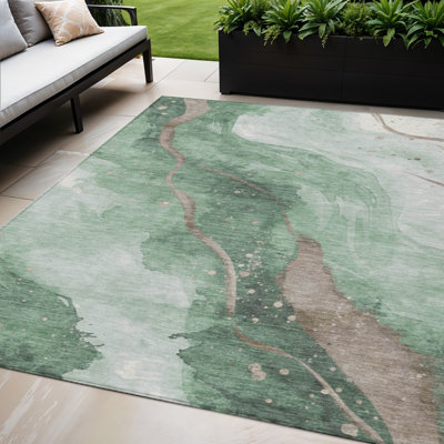 Tapis extérieur lavable abstrait vert et taupe 5 pi x 8 pi