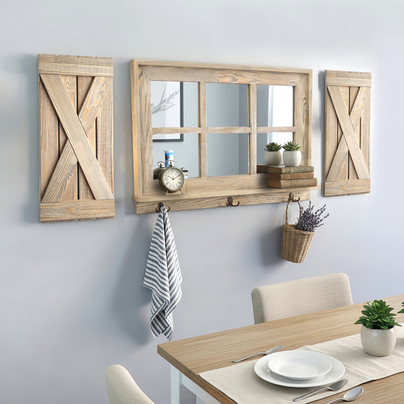 Farmhouse 6-Pane Window Mirror with X-Style Shutters, Light Brown