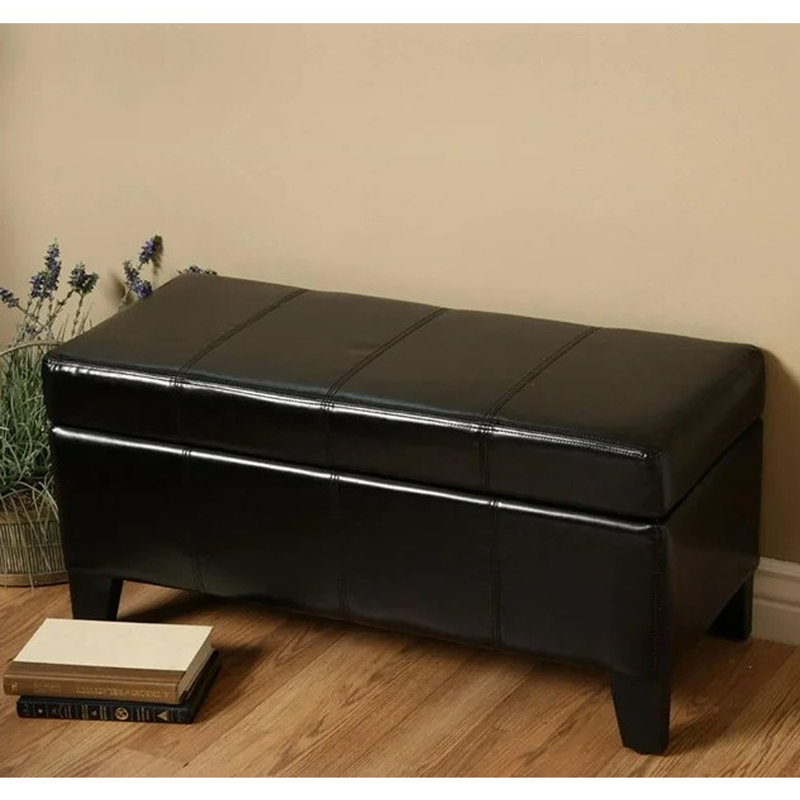 Black Faux Leather Oak Wood Storage Bench with Flared Legs