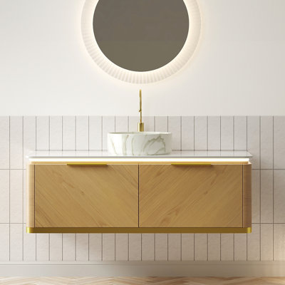 Meuble-lavabo de salle de bain 48 po avec armoire en contreplaqué flottant, 2 tiroirs, capteur, vasque en céramique blanche avec motif en pierre et plateau fritté, aspect chêne, pré-assemblé