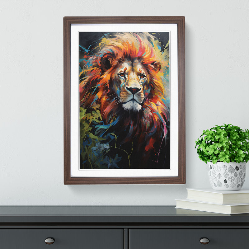 Lion Hard Edge - Single Picture Frame Print on Wood, 34cm H x 25cm W x 2cm D, Walnut