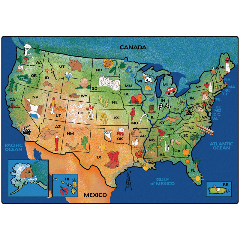 USA Learn and Play Geography Premium Tufted Blue/Green Area Rug, Rectangle 6' x 9'