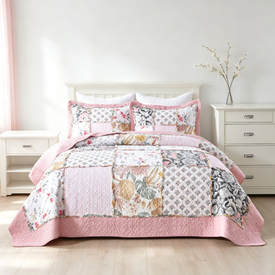 100% Cotton 3-Piece Patchwork Quilt Sets, Real Stitched Embroidery Bedspread, Reversible Bedspread Lightweight and Breathable for All Seasons, Soft Quilted Bedspread with 2 Pillow Shams, Queen Size