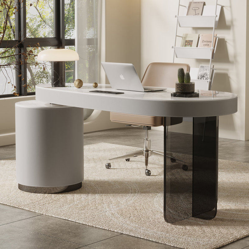 Bureau rectangulaire blanc et gris en bois massif + pierre frittée avec 3 tiroirs