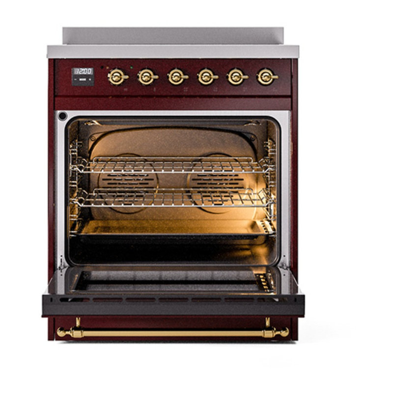 Cuisinière à induction 30 pouces avec 4 éléments à induction (porte pleine) ILVE Nostalgie II Series, Bourgogne / laiton