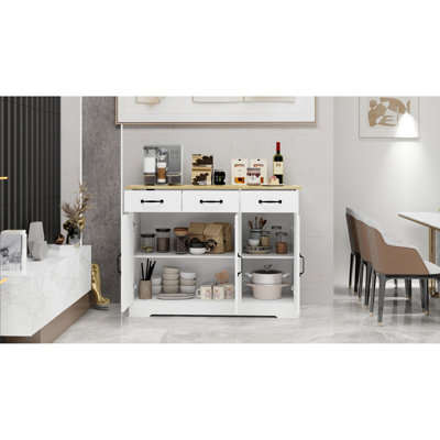 3-Door And 3 Buffet Cabinet In White For Dining Room - Large Space With 3 Drawers Doors Living Kitchen, Storage Space, Exquisite Painting Process
