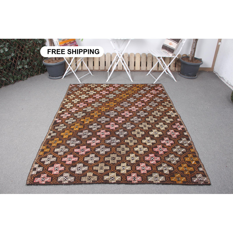 Tapis turc rétro Oushak Kilim en brun neutre - Tapis Anatolian brodé pour la cuisine