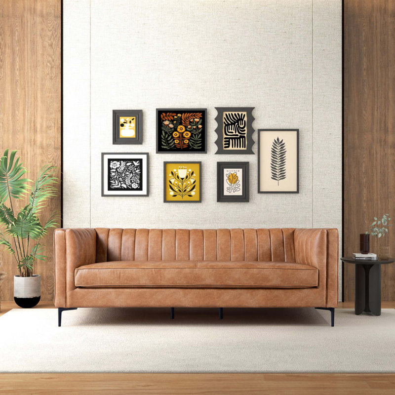 Modern Sofa Cognac PU Leather Sofa 84"