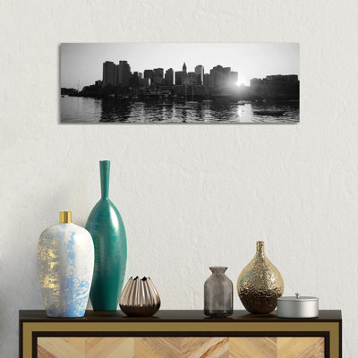 Sunset Over Skyscrapers, Boston, Massachusetts, USA (Black And White) by Panoramic Images - Wrapped Canvas Panoramic Print