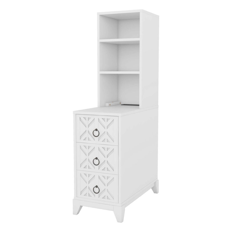 End Table with 3 Drawers, Corner Table with 2 Open Shelves, Tall Side Table for Bedroom and Corner, White