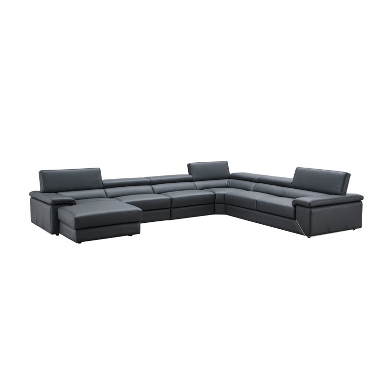 155" Wide Genuine Leather Sofa & Chaise, Blue/Gray Genuine Leather, Left Hand Facing