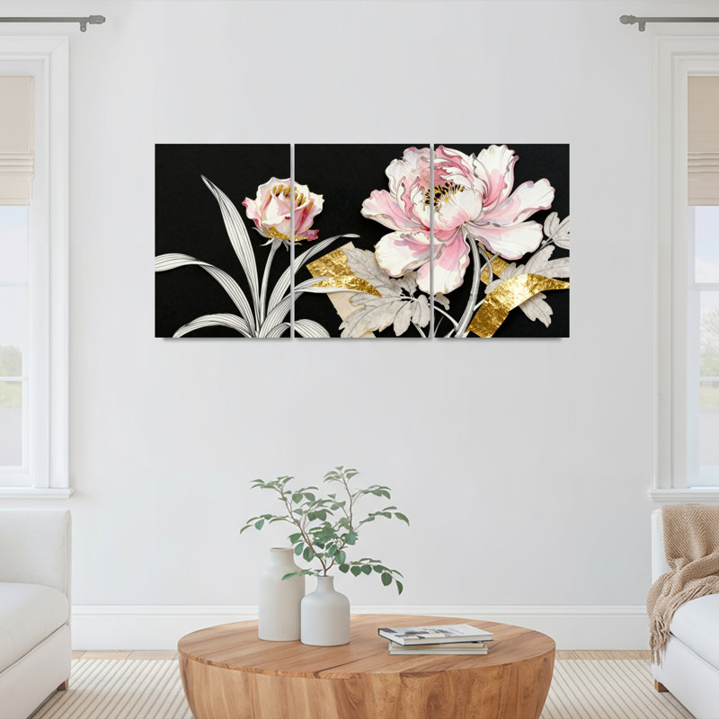Pivoine rose et feuille d'or, reproduction d'art sur toile, ensemble botanique moderne (ensemble de 3), 18" H x 36" W