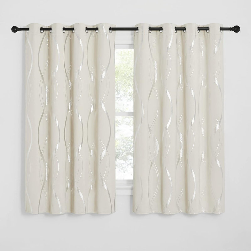 Blackout Striped Pattern Curtains, Window Treatment Thermal Insulated Solid Grommet Blackout Wave Line Foil Print Design Curtains for Living Room (Set of 2, 52 by 63 Inch, Beige)