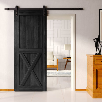 Homacer 84inch High Black Unassembled & Finished X Design Barn Door with Single Door Non-Bypass Installation Hardware Kit, interior use only