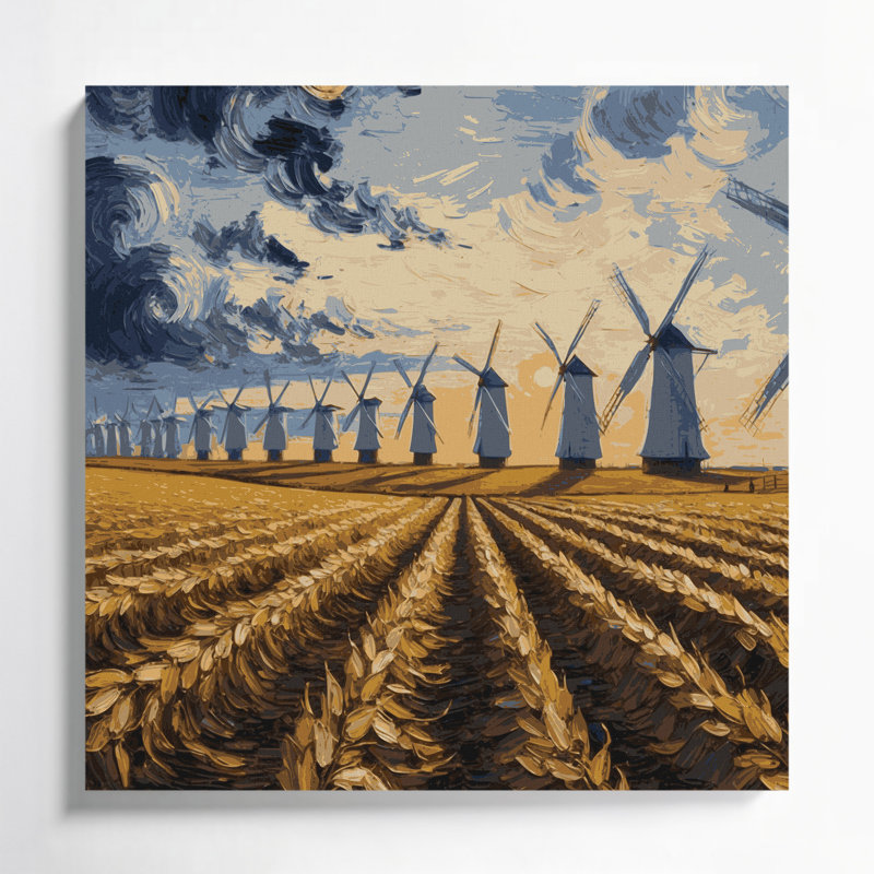 Ferme, moulin à vent gris, art mural sur toile, H 16 po x l 16 po