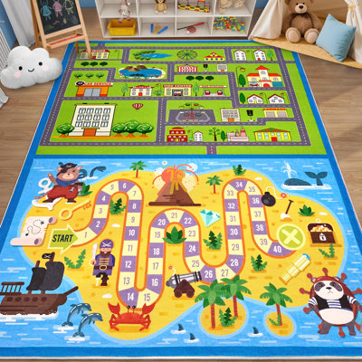 Machine Washable Kids Play Mat Cute Road Rugs with Rubber Backing Educational Low Pile Floor Carpet for Children Nursery Playroom Toddler Room