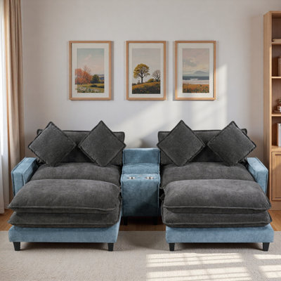 Canapé modulaire avec 2 repose-pieds amovibles, 2 ports USB, 2 porte-gobelets et grande boîte de rangement
