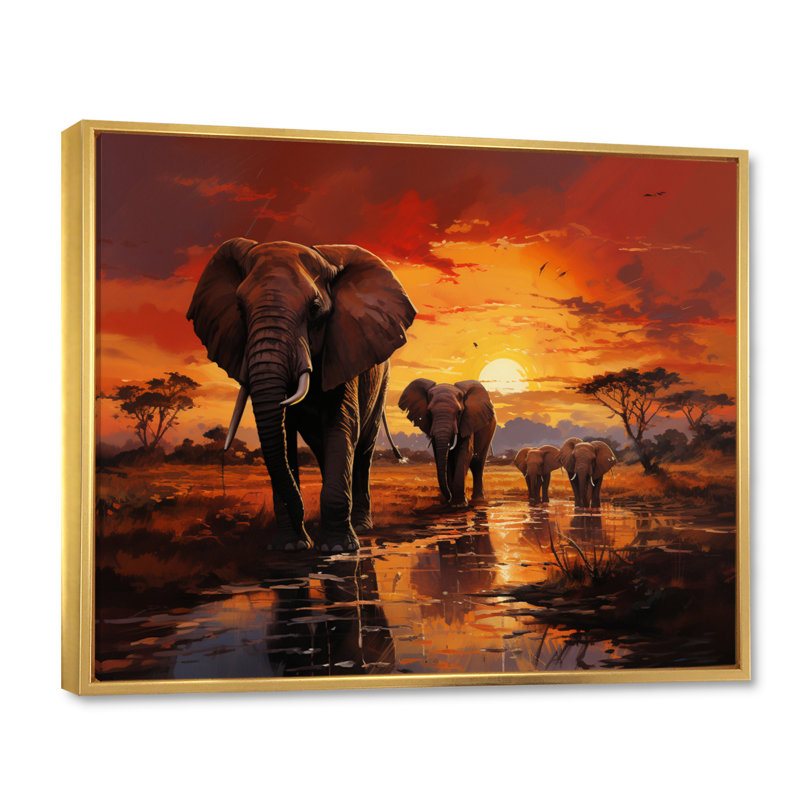 Photographie d'un éléphant d'Afrique au coucher du soleil II - Éléphant, reproduction sur toile encadrée, Cadre flottant doré