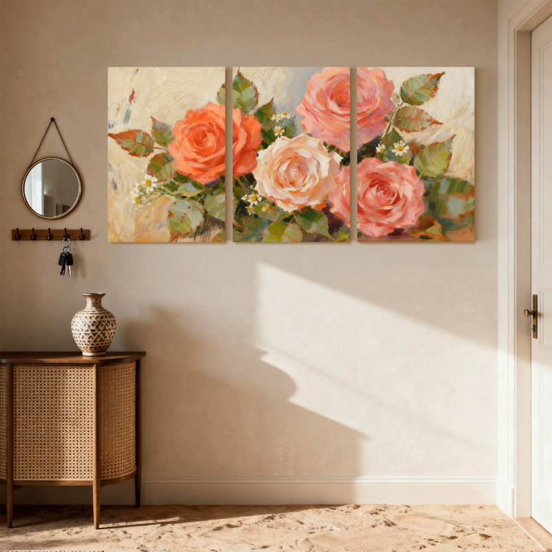 Ensemble de 3 reproductions d'art sur toile, roses et feuilles, H 30 po x l 60 po