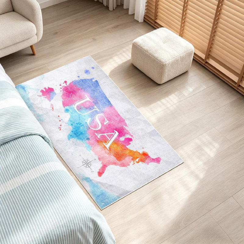 Tapis bleu rose lavable à la machine à l'aquarelle, Rectangle 32" x 47"