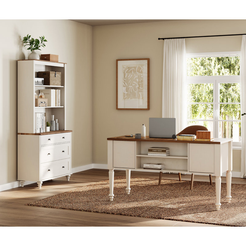 2 - Piece Office Set, 56" Executive Desk & Bookcase With Drawers, Brown/White
