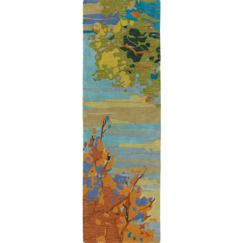 Landscape Floral Handmade Tufted Wool Teal/Yellow/Blue Area Rug, Runner 2'6" x 8'