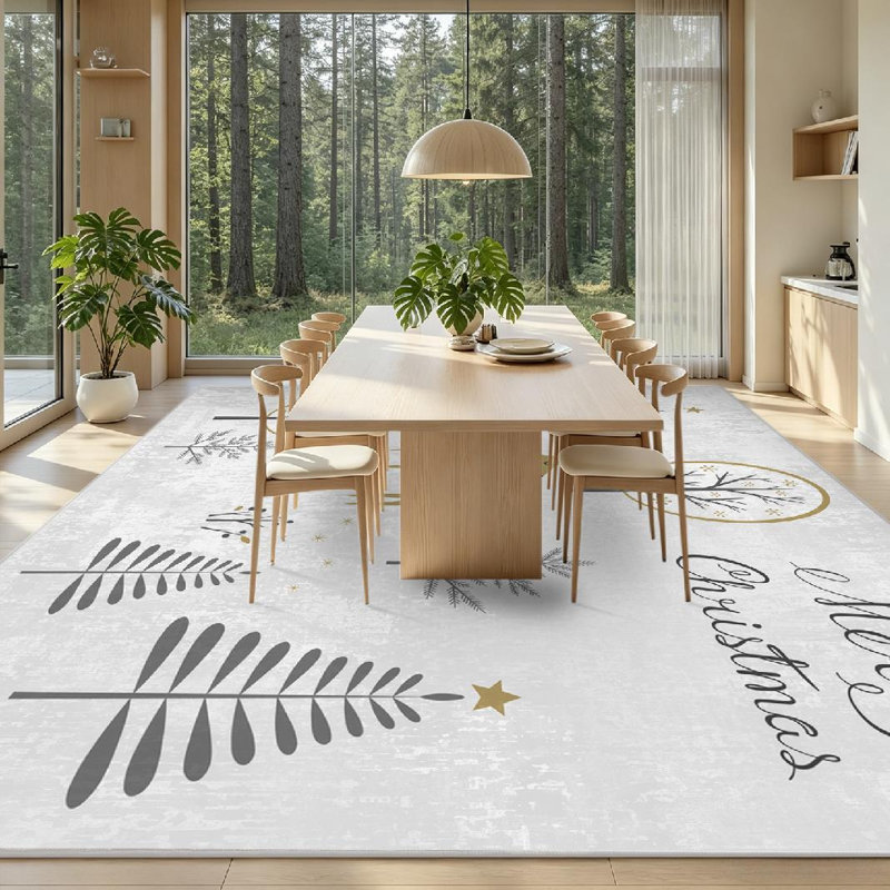 Tapis intérieur doré lavable à la machine, motif forêt de Noël avec cerfs et sapin., Rectangle 71 po x 98 po