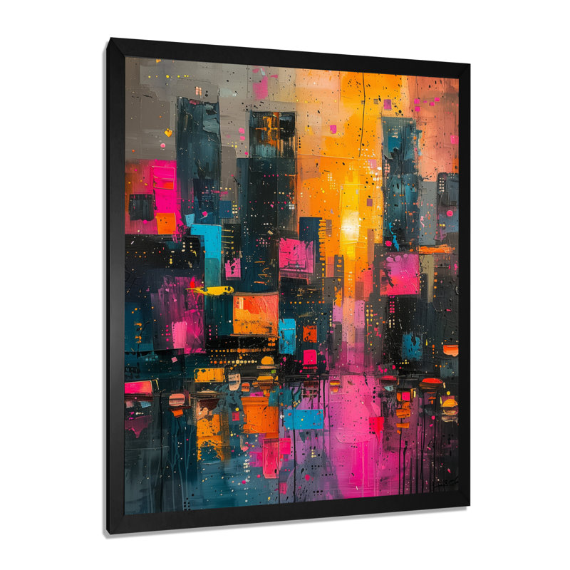 Édifices muraux de luxe urbain rose et noir - Bâtiments de ville, art mural, H 12 po x l 20 po, Cadre simple noir