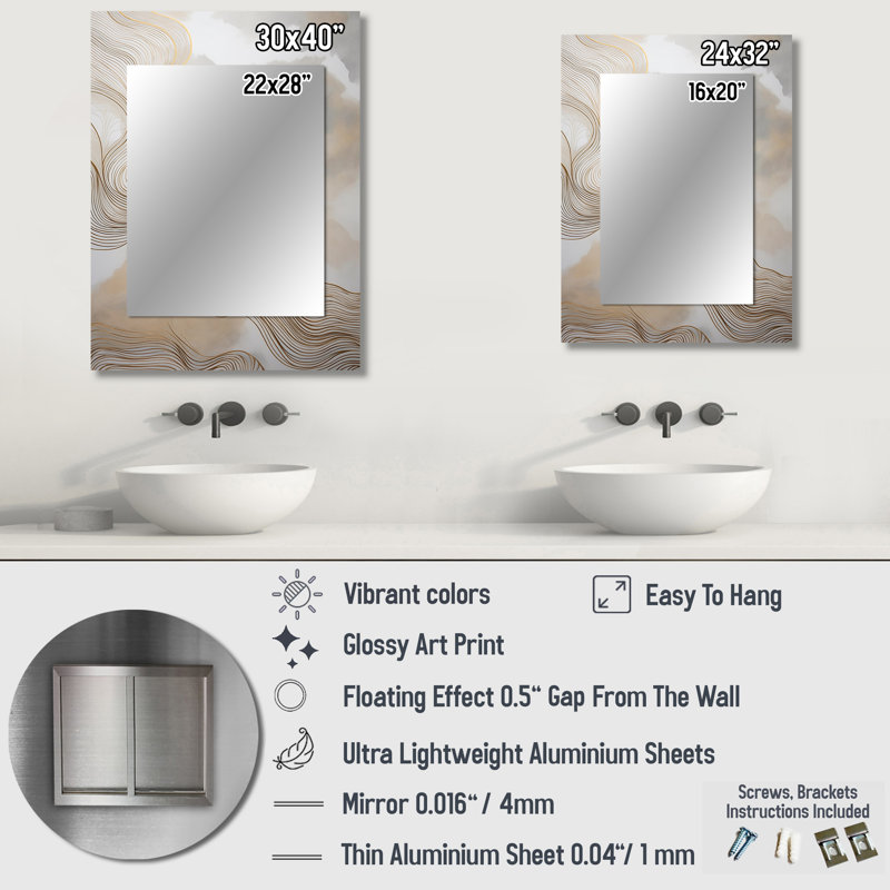Gold And Grey Linear Expressions V - Line Art Unique Wall Mirror, Gold Mirror, Printed Metal Art, 40" x 30"