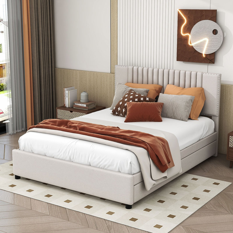 Wood Upholstered Platform Bed with Drawers, Trundle and Headboard, Queen, Beige