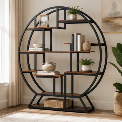 Round Bookshelf, 63 Inch Etagere Bookcase with Staggered Shelves