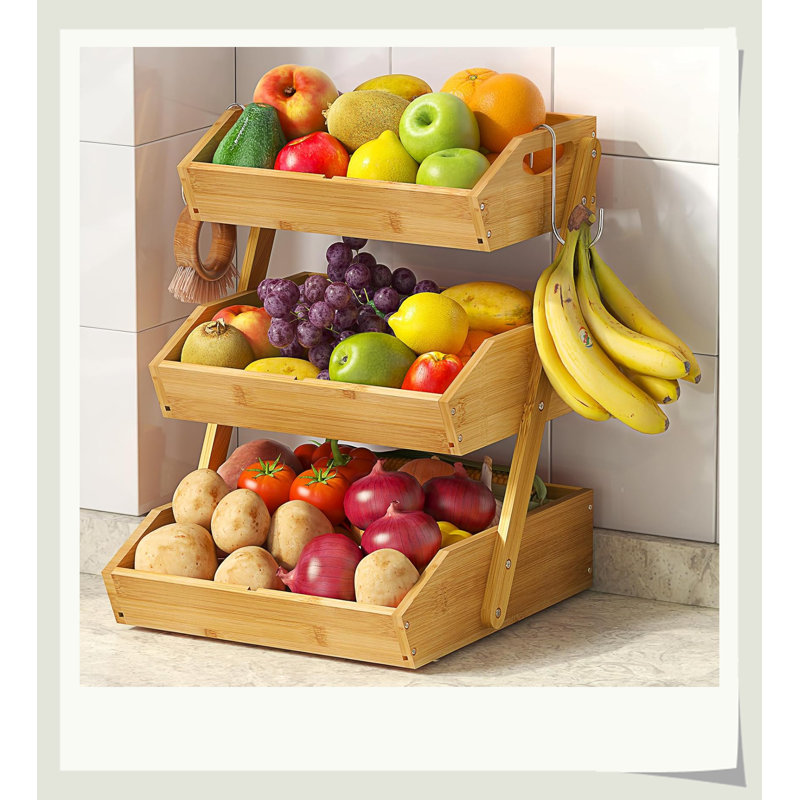 Panier de fruits à 3 niveaux 100% bambou avec crochets à banane, rangement mural pour articles de cuisine peu encombrant
