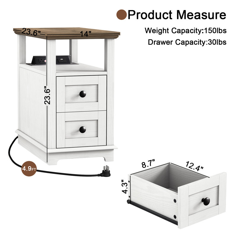 Ayame 2 - Drawer End Table With Storage and Fast Charging Station, Whitewash/Brown