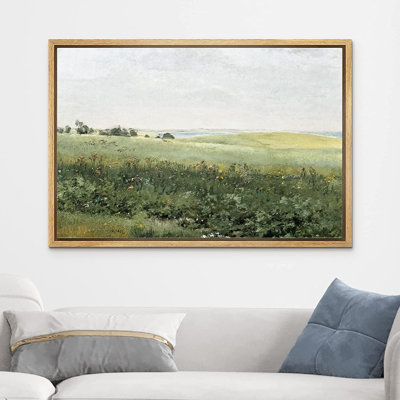 SIGNLEADER Framed Canvas Print Wall Art Green Meadow Hillside With Plants And Flowers Nature Wilderness Illustrations Modern Rustic Colourful Multicolor For Living Room, Bedroom, Office