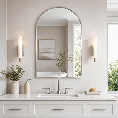 30x36 Inch Arched Metal Framed Bathroom Vanity Mirror with HD Silver Glass and Tempered Safety Glass