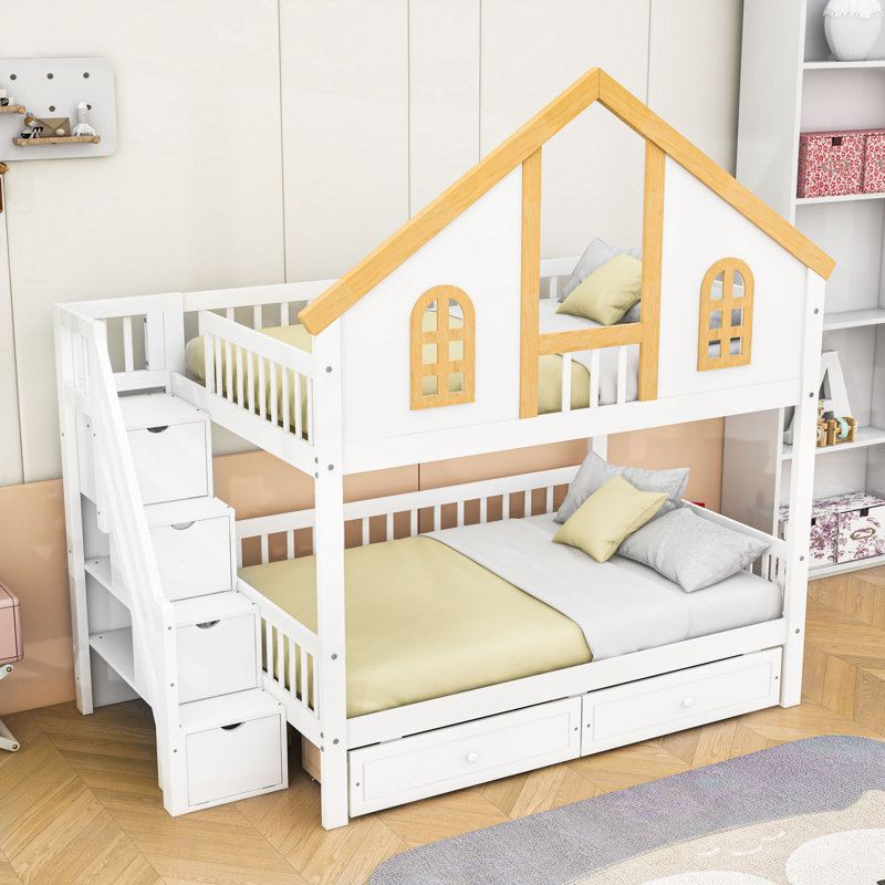 Two Drawers Wooden Bunk Bed With Storage Stairs And Shelves, Full Over Full